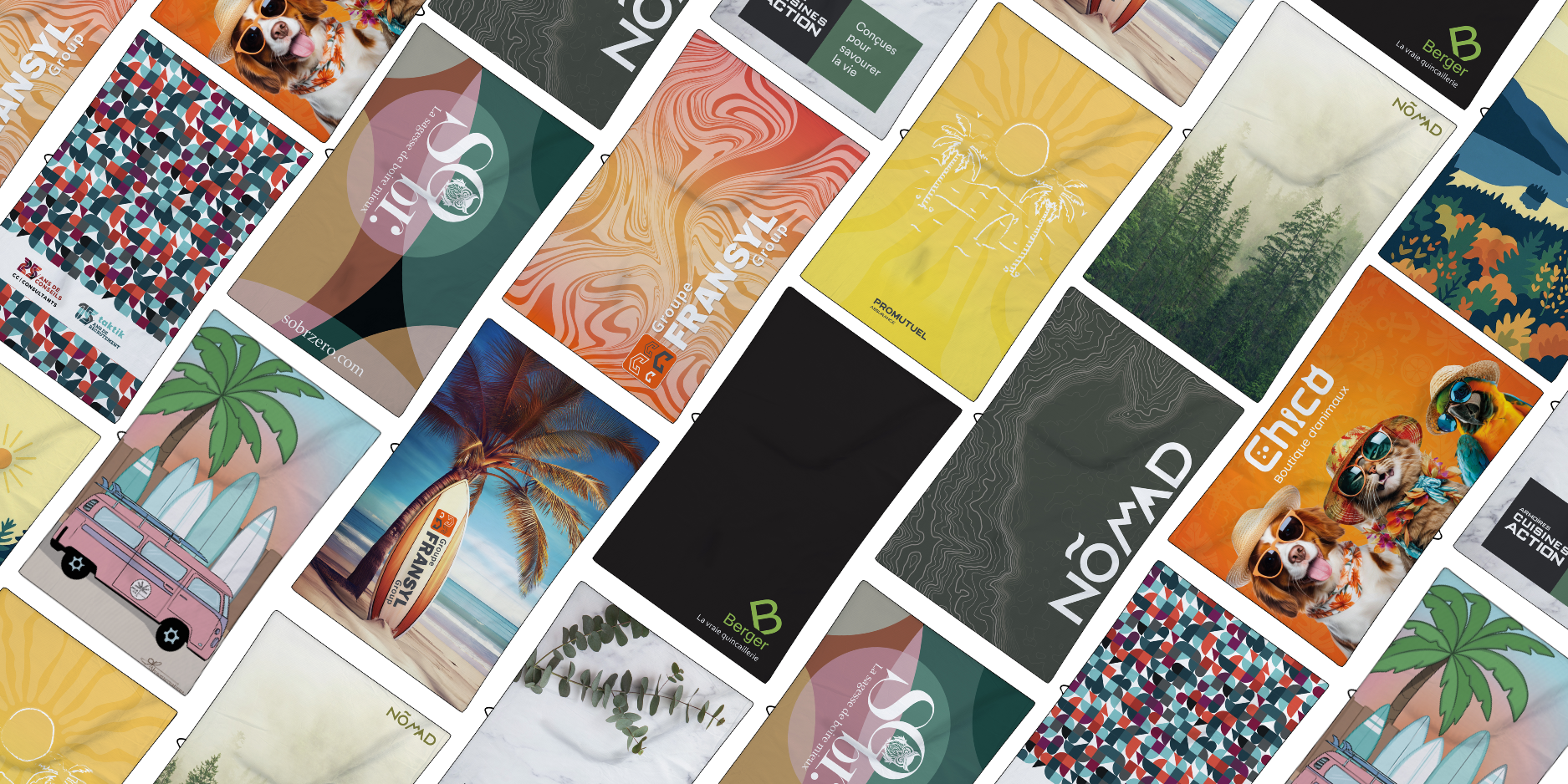Mosaïque de designs artistiques Kawelä, collection variée de motifs tropicaux, abstraits et nature dessinés à la main au Québec