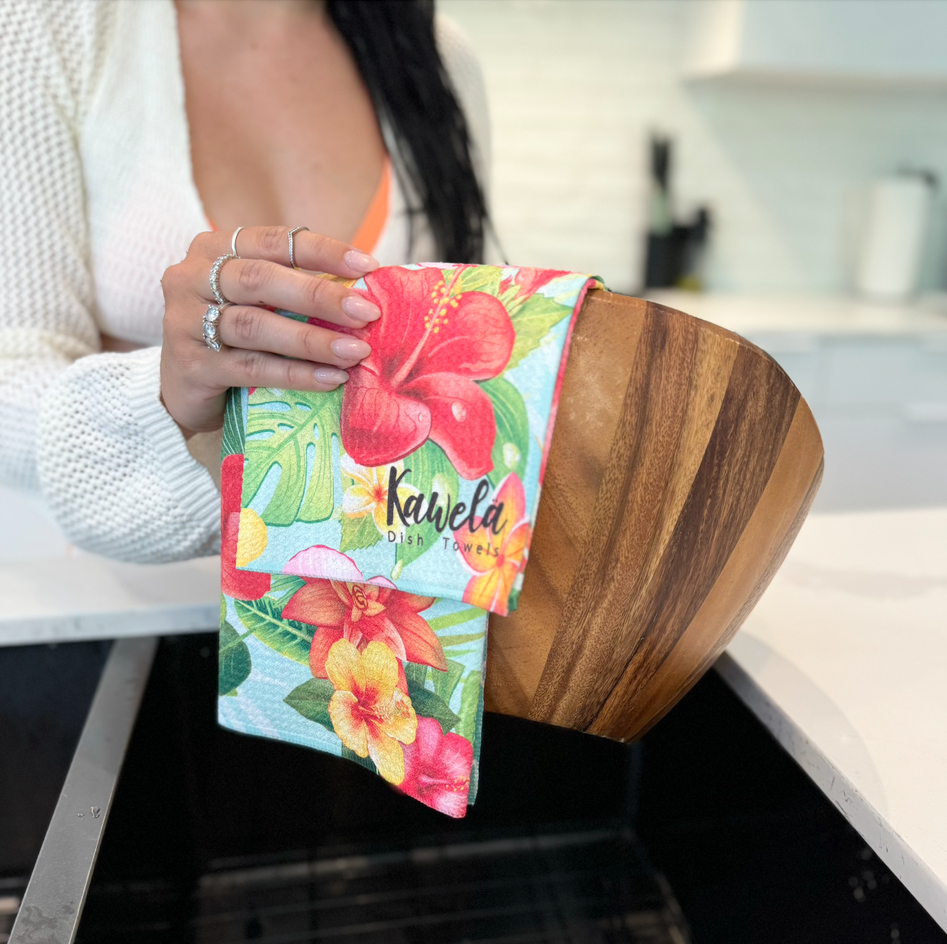 Linges à vaisselle KAWELÄ HONOLULU avec motifs colorés, grande capacité et tissu absorbant pour la cuisine.
