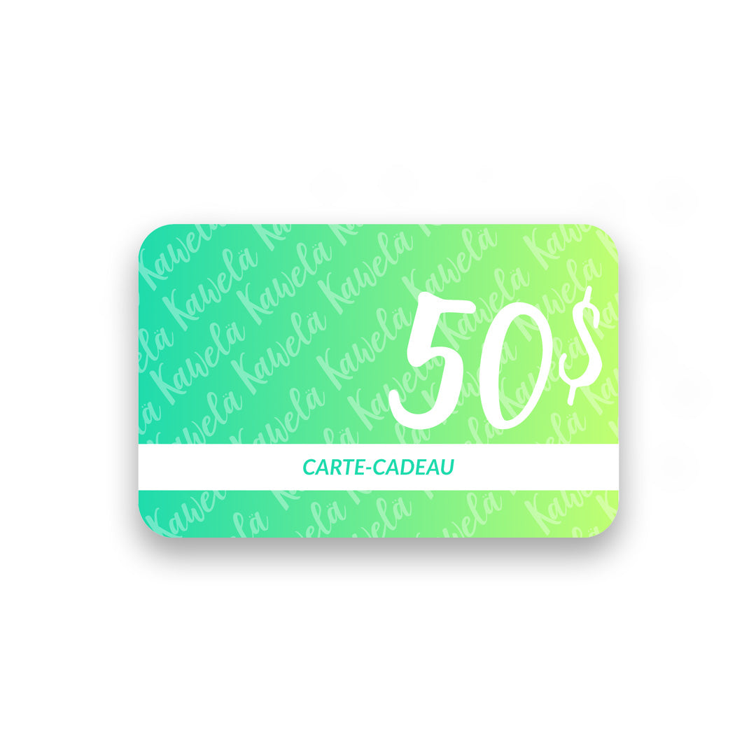 Carte cadeau Kawelä de 50 euros, illustration élégante avec logo Kawelä, idéale pour offrir un bon d&