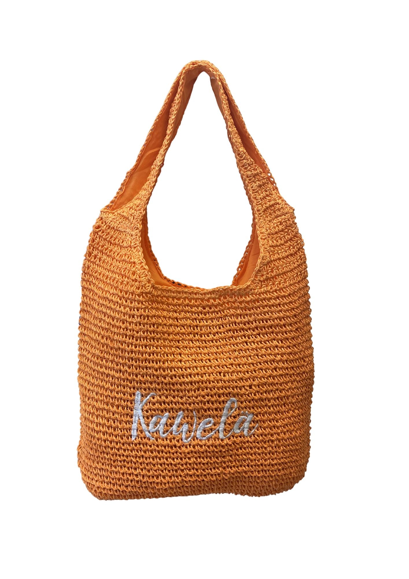Sac fourre-tout KAWELÄ ESSAOUIRA orange avec poignées en cuir et design artisanal, idéal pour le quotidien.