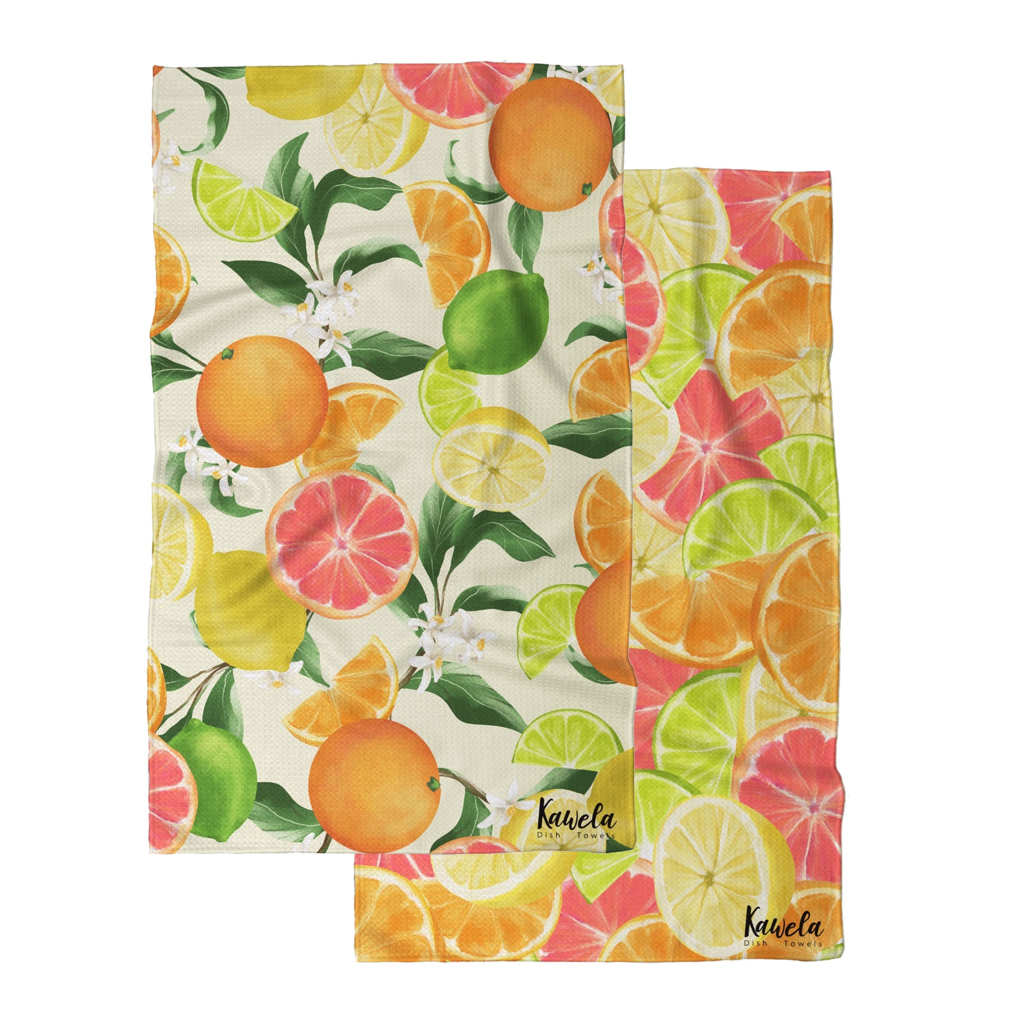 Linges à vaisselle KAWELÄ Citrus Heights avec motifs colorés, tissu absorbant et résistant pour la cuisine.