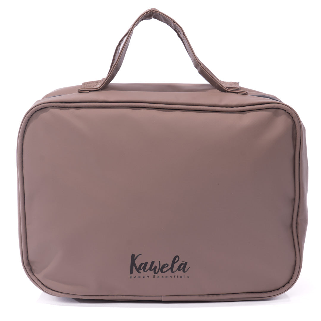 Trousse de voyage KAWELÄ pour accessoires, compacte, en tissu gris avec fermeture éclair visible.