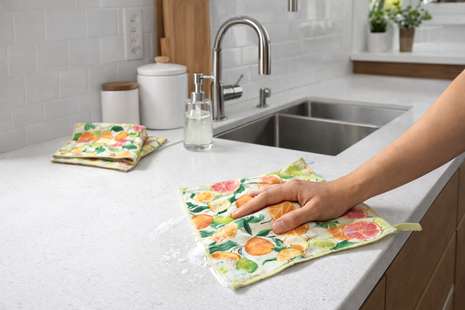 Main essuyant comptoir de cuisine avec linge à vaisselle Kawelä en microfibre, motifs agrumes colorés