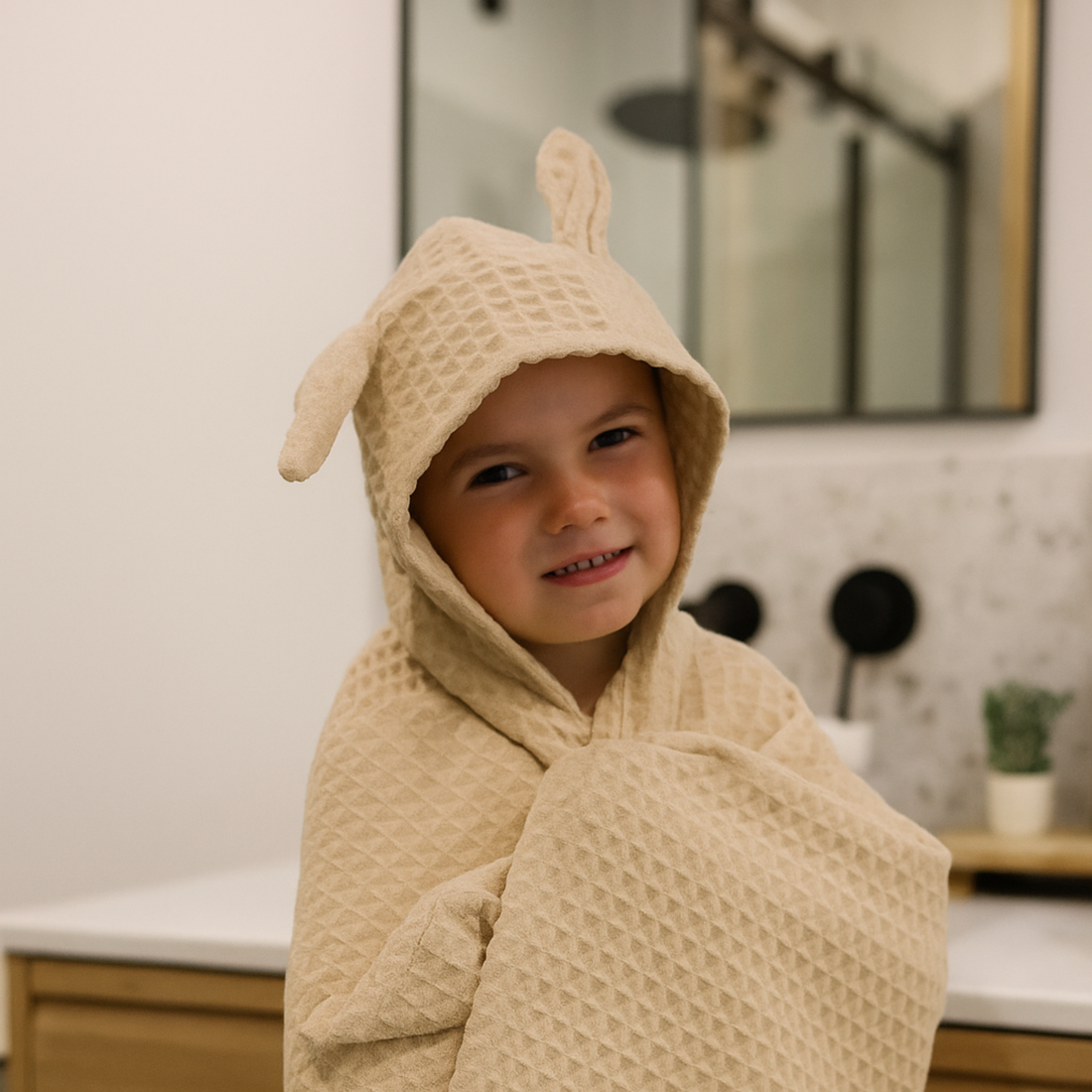 Serviette de bain pour enfant SAHARA de la marque KAWELÄ, douce et absorbante, avec motif coloré.