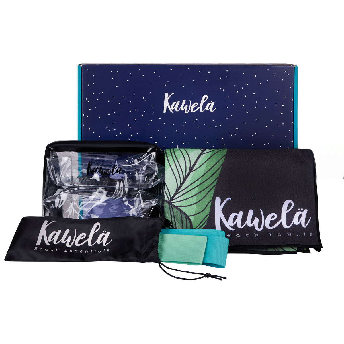 Coffret cadeau Kawelä Escapade au soleil avec produits de soins et accessoires pour un moment détente ensoleillé.