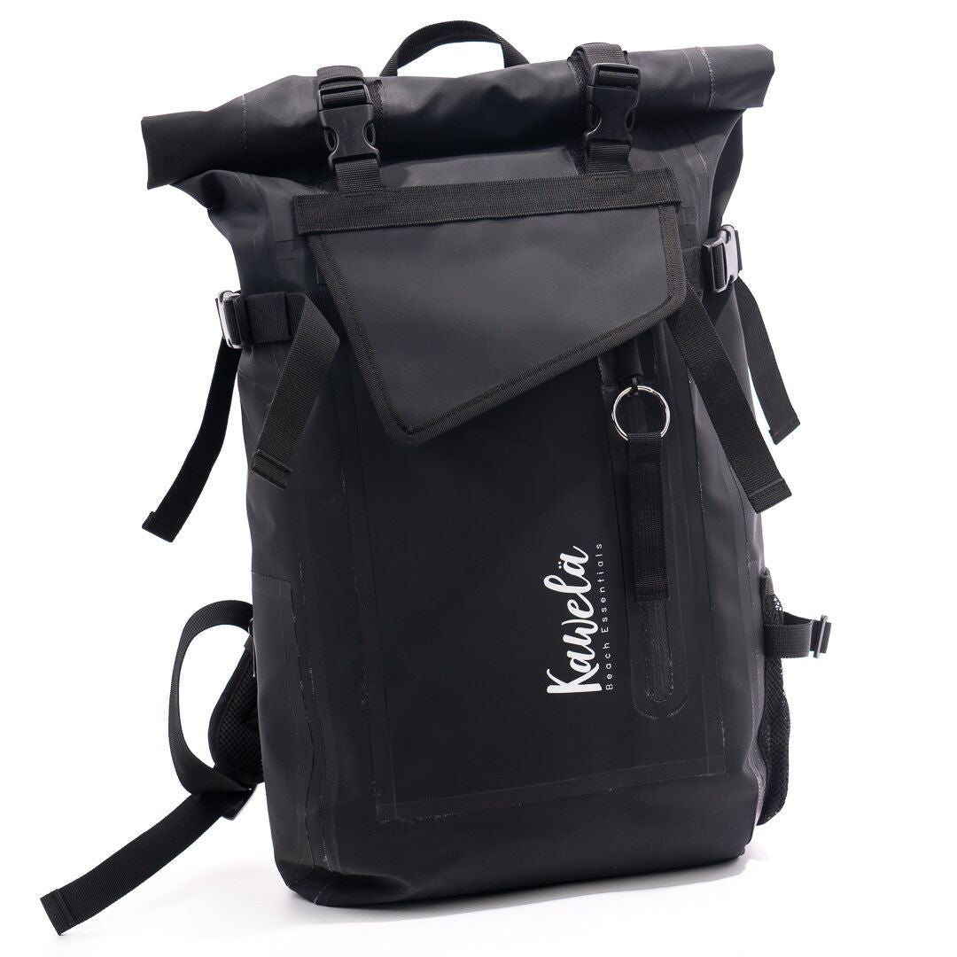 Sac à dos Brooks KAWELÄ noir avec poches zippées et bretelles rembourrées, vue de face.