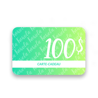 Carte-cadeau Kawelä de 100 euros, présentation élégante avec logo Kawelä, idéale pour offrir une expérience de spa ou de beauté.