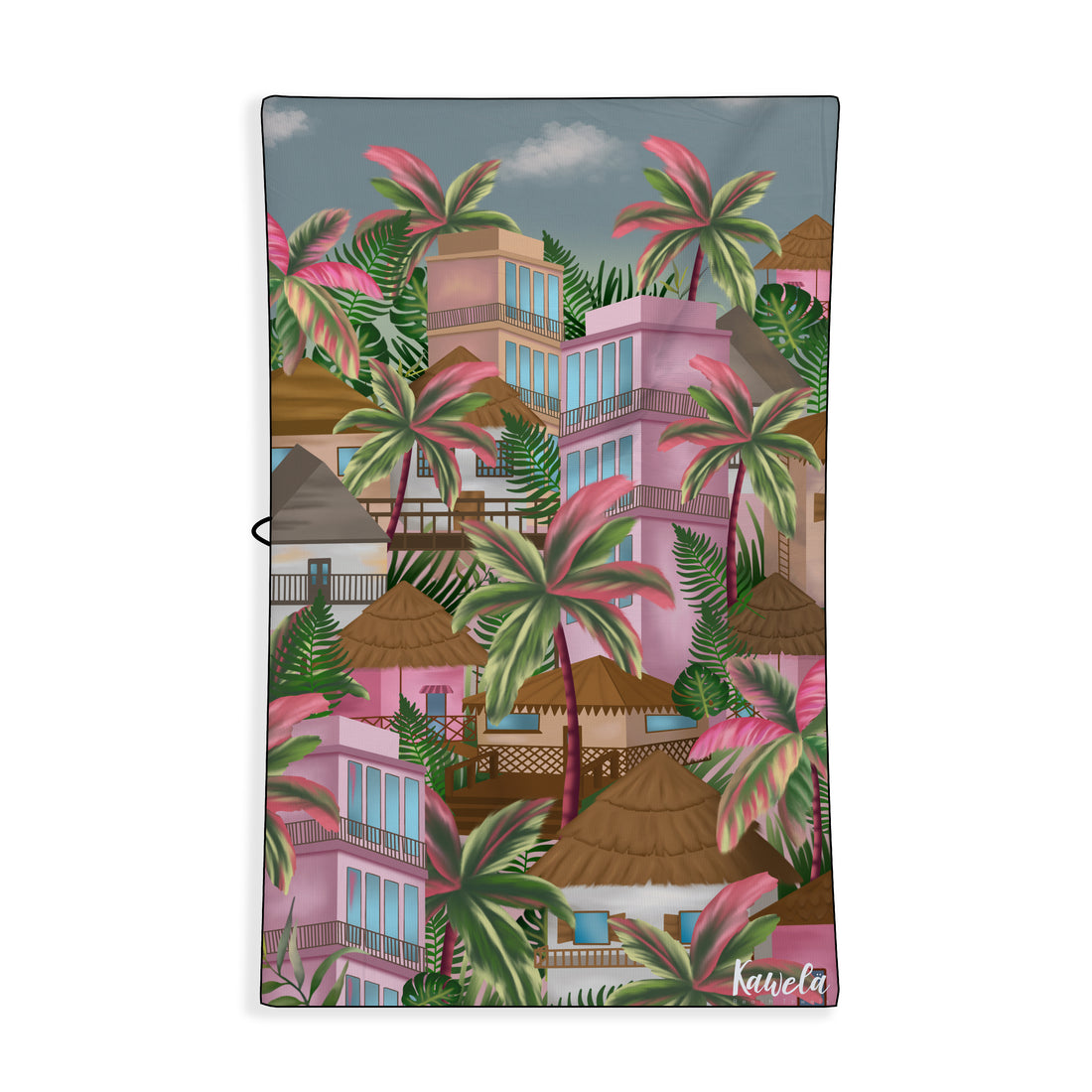 Serviette de plage FREEPORT de la marque KAWELÄ avec motif coloré, étendue sur le sable lors d&