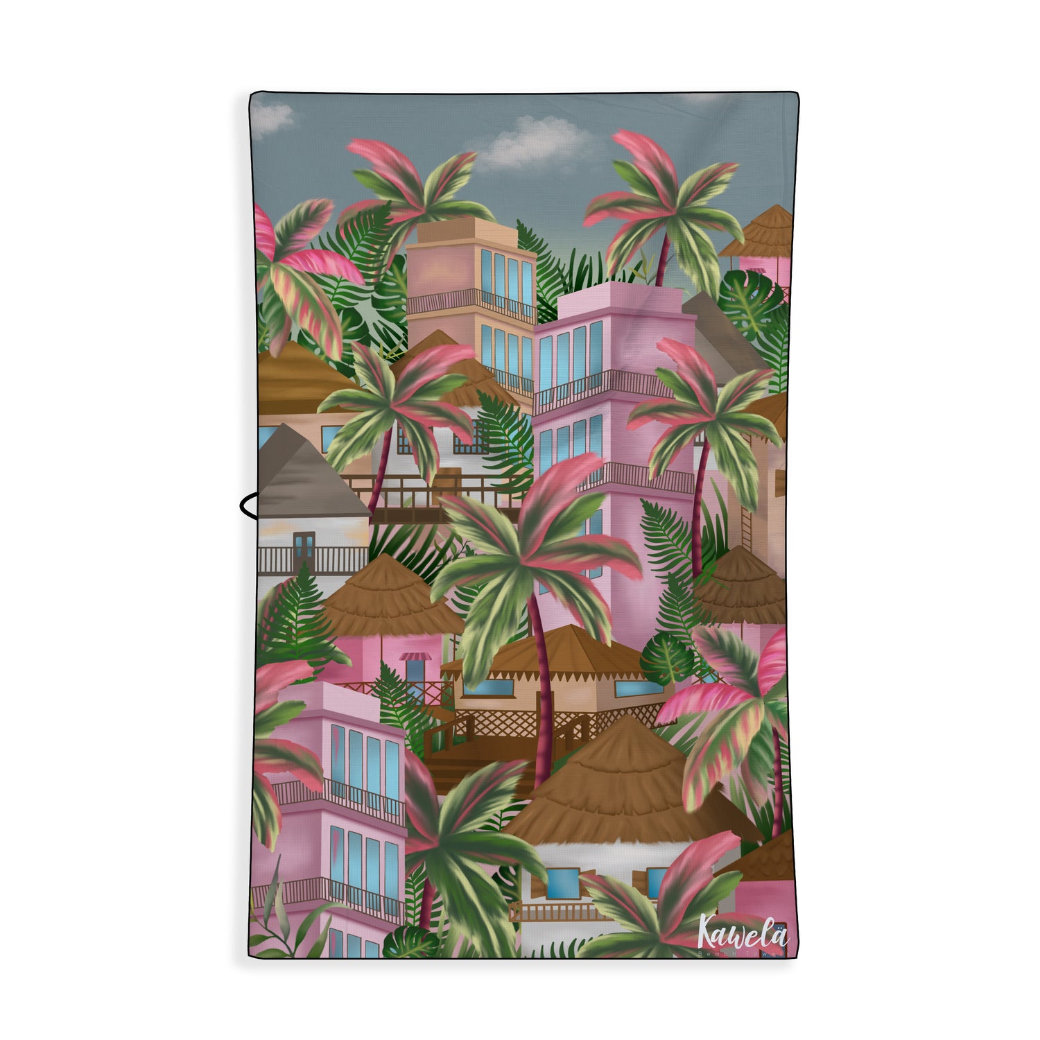 Serviette de plage FREEPORT de la marque KAWELÄ avec motif coloré, étendue sur le sable lors d&