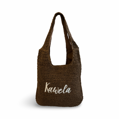 Sac fourre-tout ESSAOUIRA de la marque KAWELÄ, en tissu coloré avec poignées en cuir, vue de face.