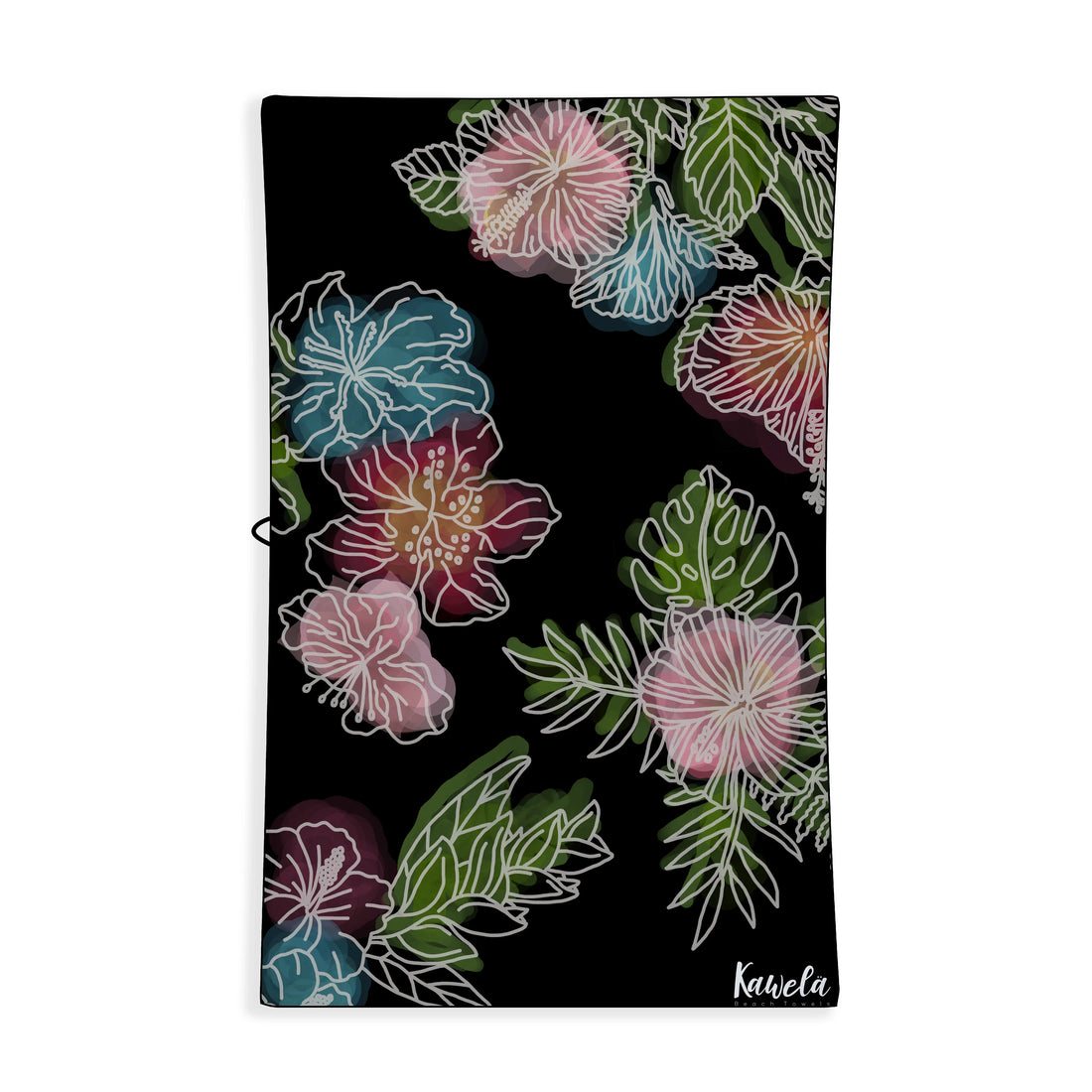 Serviette de plage Kahului de la marque Kawela avec motif coloré, étendue sur le sable lors d&