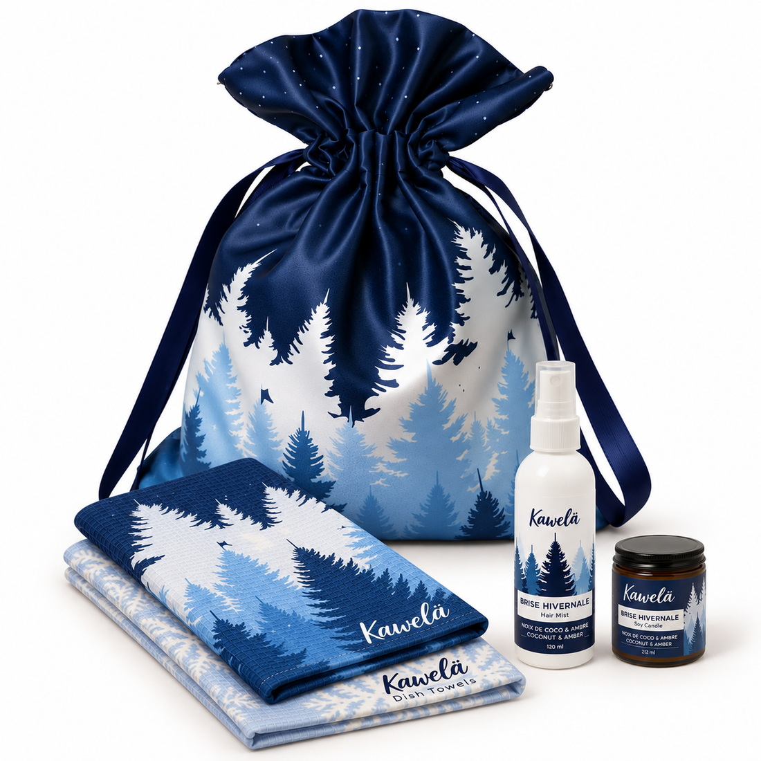 Coffret cadeau Kawelä « Essentiels du quotidien », assortiment de produits aux tons hivernaux forestiers