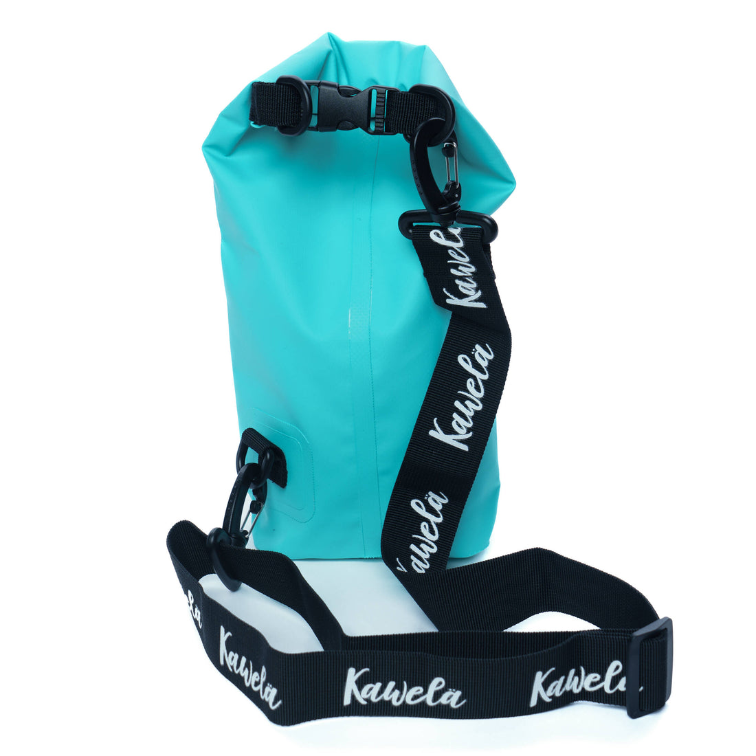 Sac étanche KAWELÄ Virginia Beach avec fermeture solide, idéal pour la plage et activités nautiques, en bleu et blanc.