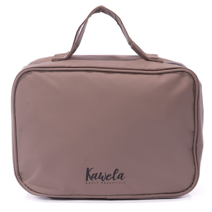 Trousse de voyage KAWELÄ pour accessoires, compacte, en tissu gris avec fermeture éclair visible.