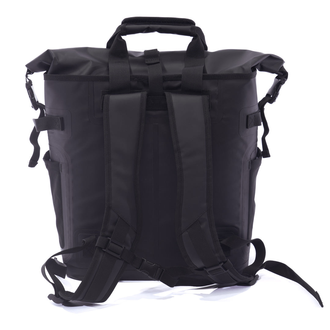 Sac à dos glacière KAWELÄ OSLO 25L avec compartiments isolants pour boissons et aliments, en tissu noir robuste.