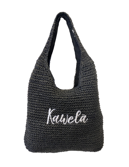 Sac fourre-tout KAWELÄ ESSAOUIRA en raphia noir avec poignées en cuir, idéal pour un style élégant et pratique.