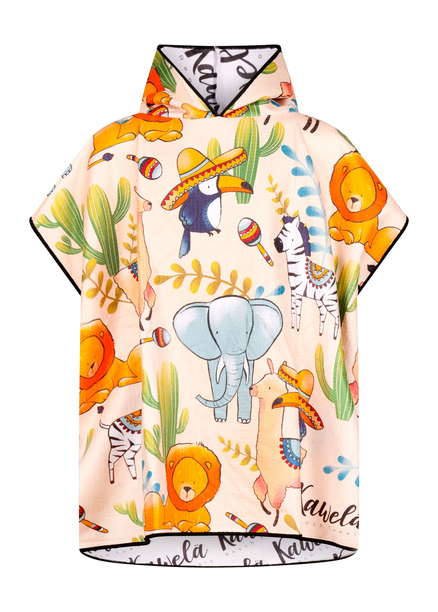Poncho pour enfants Tijuana de la marque Kawelä, tissu coloré avec motifs traditionnels, porté par un enfant.