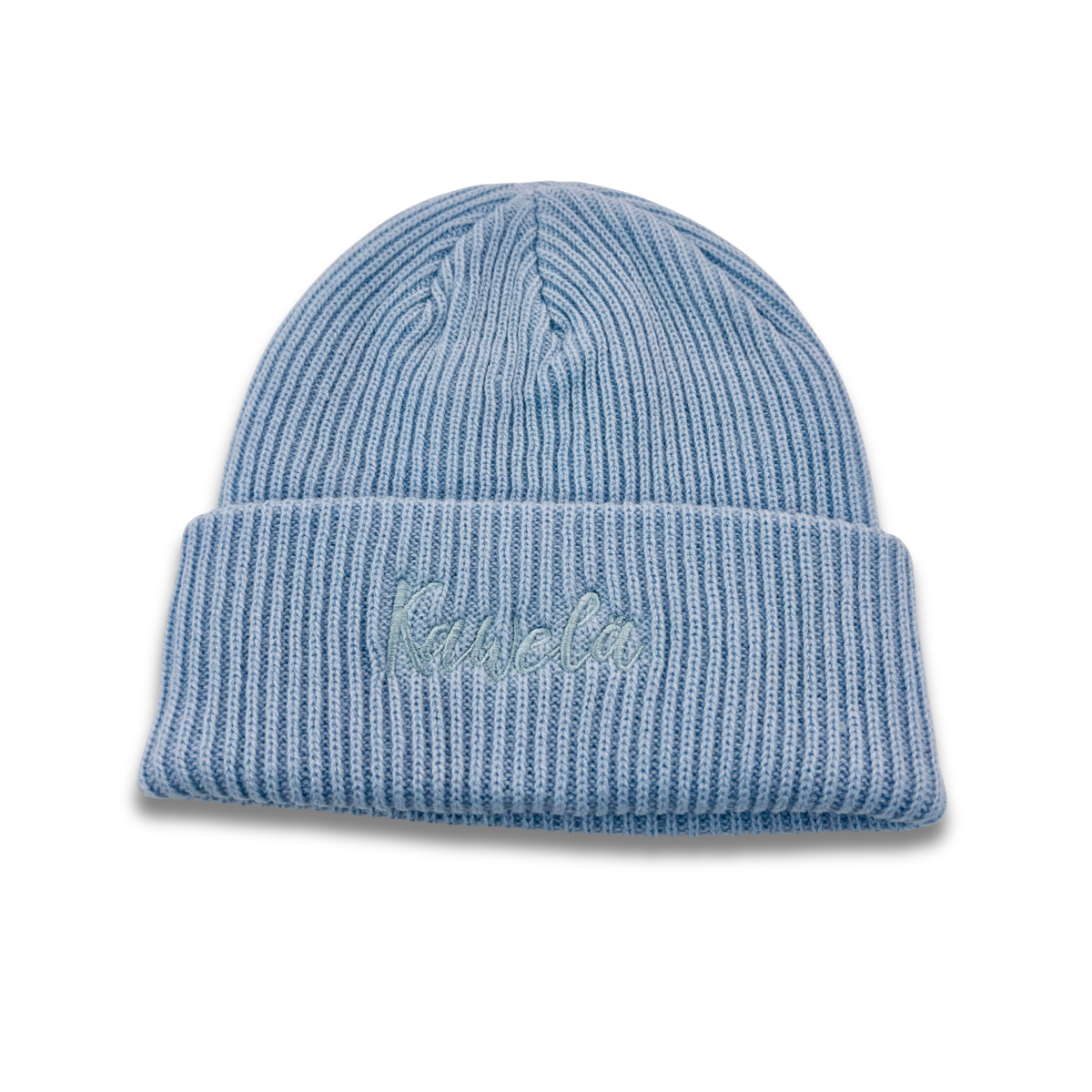 Tuque en tricot bleue de la marque KAWELÄ, doux et chaud, avec un motif classique, portée sur une tête.