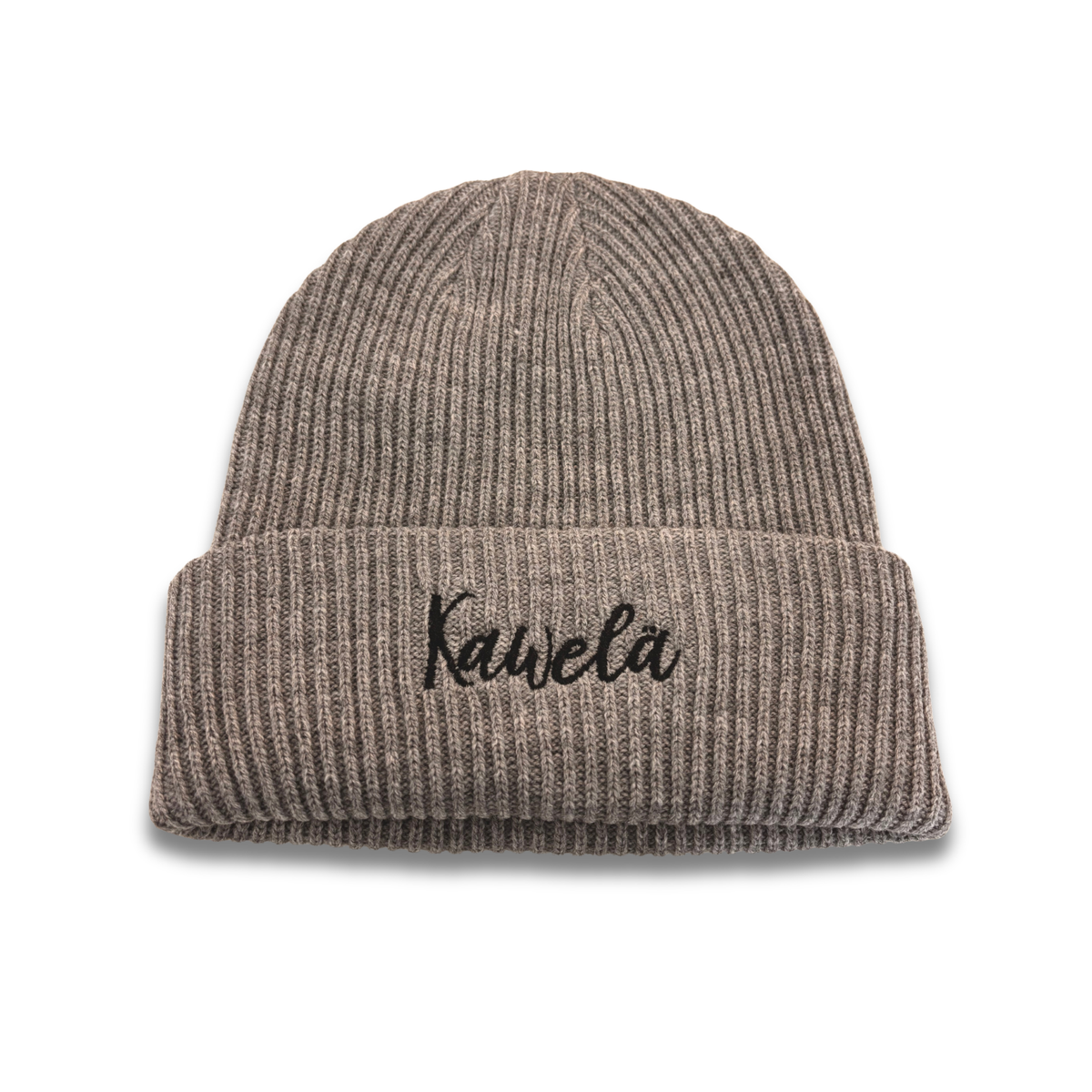 Tuque en tricot gris de la marque Kawelä, douce et chaude, portée en mode hivernal.