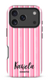 Étui à téléphone KaseMe Pop-Up KAHALA pour iPhone 17 Pro avec design à lignes roses et protection contre les impacts.